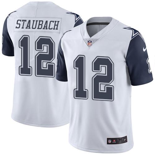 Nike Cowboys #12 Roger Staubach White Men's Stitched NFL Limited Rush Jersey - Click Image to Close